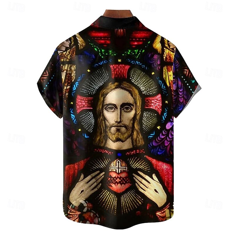 Easter Men's Templar Cross Jesus Shirt Casual Shirt Button Up Shirt Short Sleeve Vintage Retro Vacation Holiday Festival Summer Spring Turndown 3D Print Collared Shirts Black2