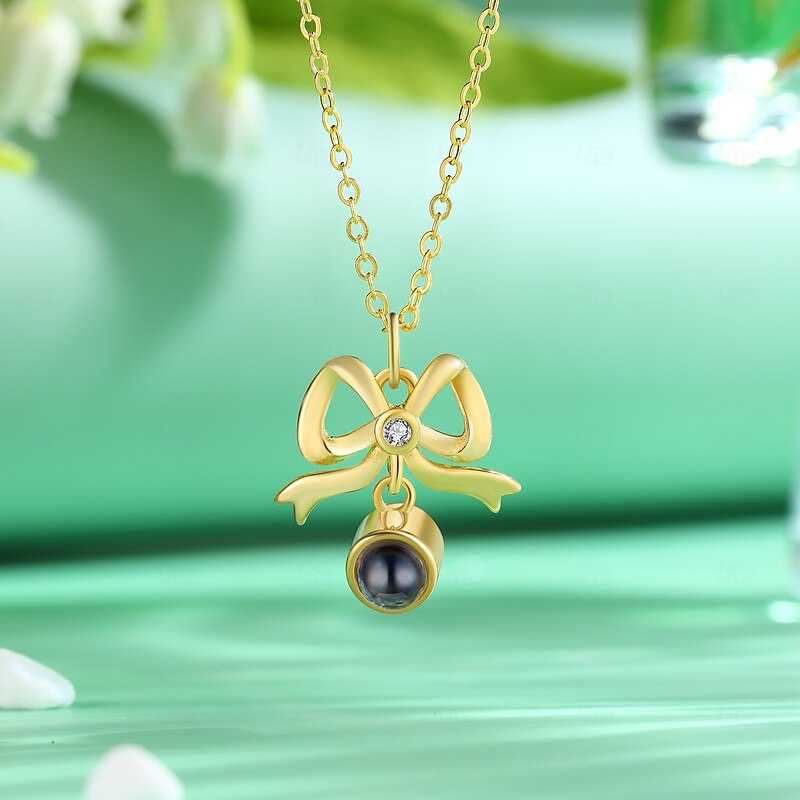 Personalized Bowknot Necklace Custom Best Gift for Mom – Photo Projection Pendant, Perfect for Women's Day, Mother's Day, Valentine's Day, Christmas, or Birthday