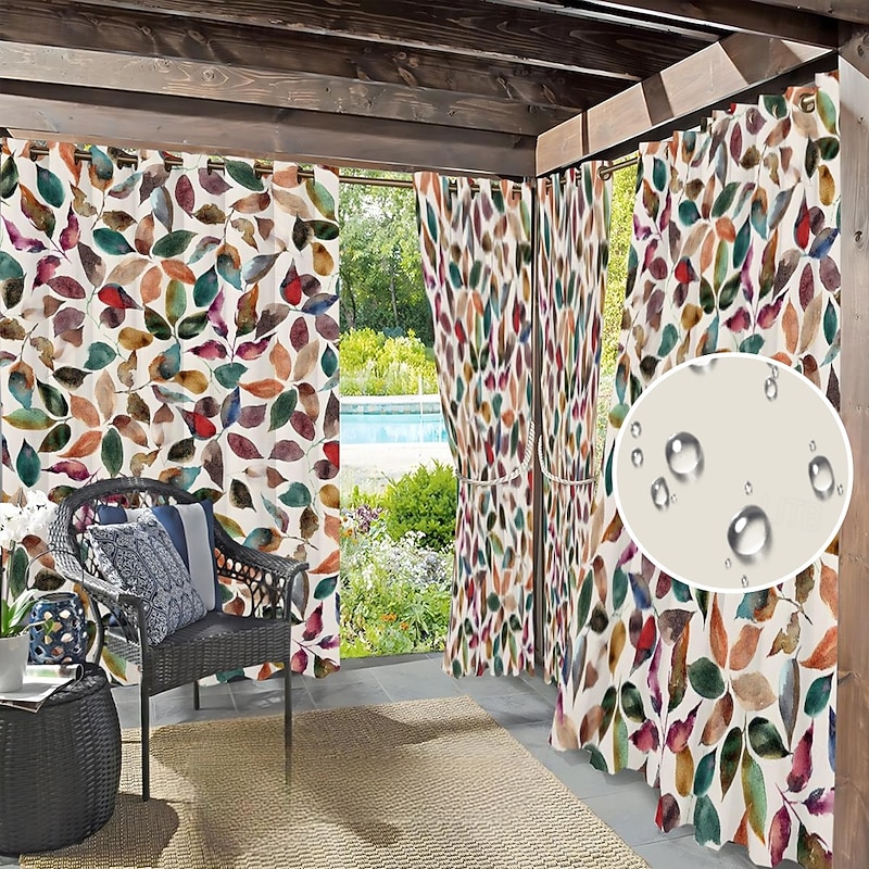 Waterproof Outdoor Curtain Privacy, Sliding Patio Curtain Drapes, Pergola Curtains Grommet Colorful Leaves For Gazebo, Balcony, Porch, Party, 1 Panel