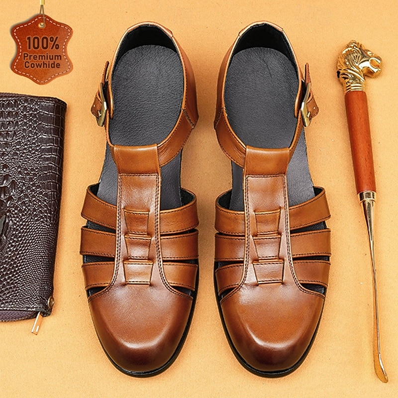 Men's Leather Fisherman Sandals - Breathable Summer Closed-Toe Sandals for Casual & Outdoor Wear