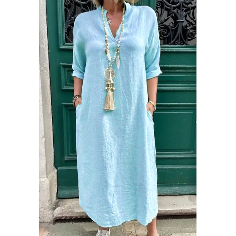 Women's Midi Dress Linen-Inspired Dresses Cotton Linen Dress Basic Classic Modern Daily Holiday Weekend Regular Fit Plain Long Sleeve V Neck Pink Green Apricot Light Blue Summer4