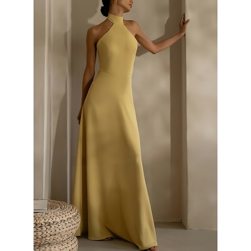 A-Line Evening Gown Elegant Dress Formal Evening Party Floor Length Sleeveless Halter Neck Italy Satin Backless with Strappy