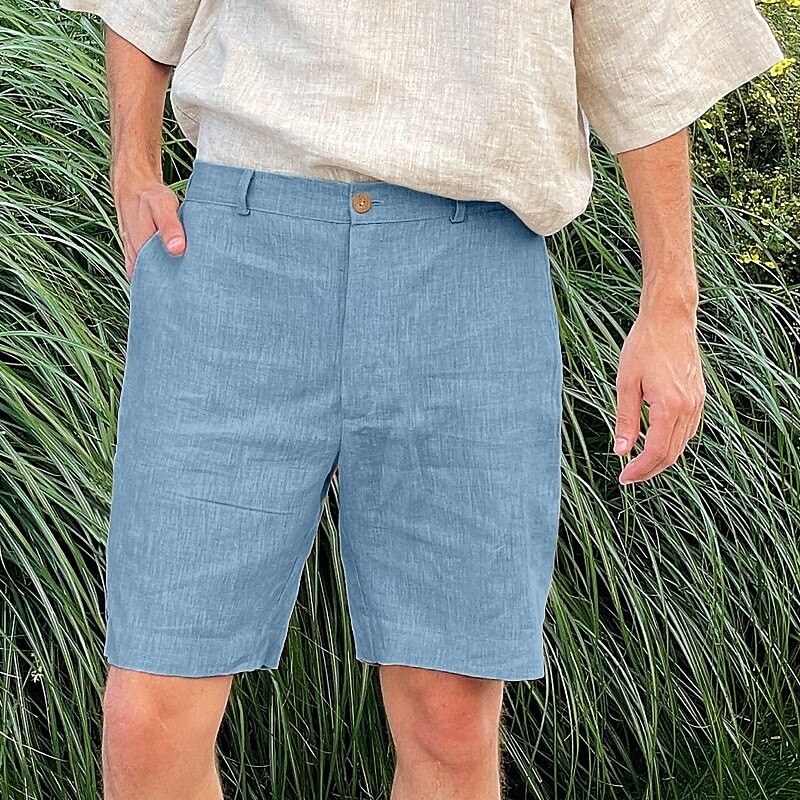 Men's Shorts Linen Shorts Dress Shorts Summer Shorts Beach Shorts Zipper Buttons Pocket Plain Comfort Breathable Knee Length Outdoor Business Daily Fashion Stylish Sky Blue Green Inelastic2