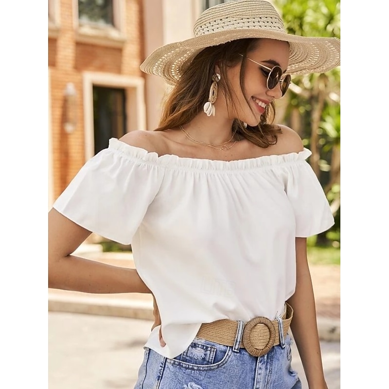 Women's Plus Size Going Out Tops Summer Tops Solid Color Sexy Casual Short Sleeve Sleeveless Off Shoulder Crop Tops Going out Vacation Wear Black White Red Sky Blue Purple Summer