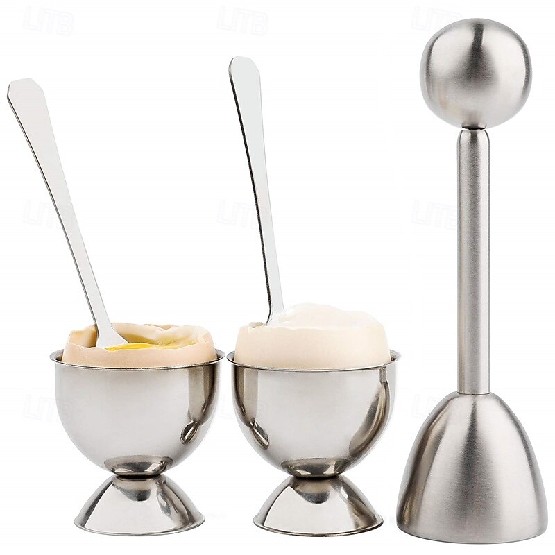 Egg Shell Opener Set  2 Pcs Egg Cups for Soft Boiled Eggs & 2 Pcs Spoons Rust-Resistant Stainless Steel Fits Any Size - Ergonomic Design Adjustable Effort for Effortless & Precise Cracking