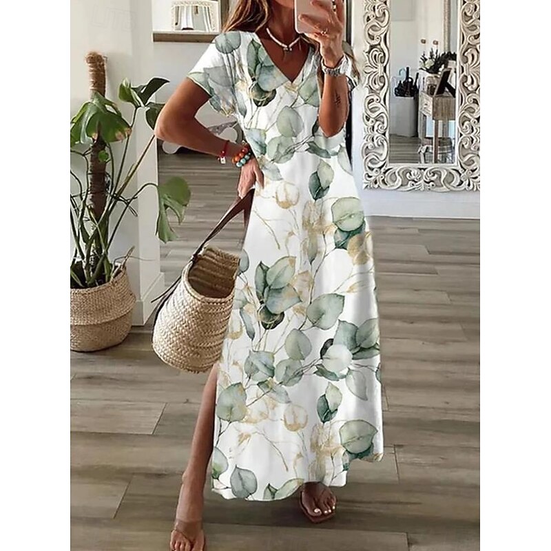 Women's Maxi Dress Casual Dress Sundress A Line Dress Summer Dress Bohemia Vacation Vintage Vacation Daily Regular Fit Floral Graphic Short Sleeve V Neck White Blue Green Summer3