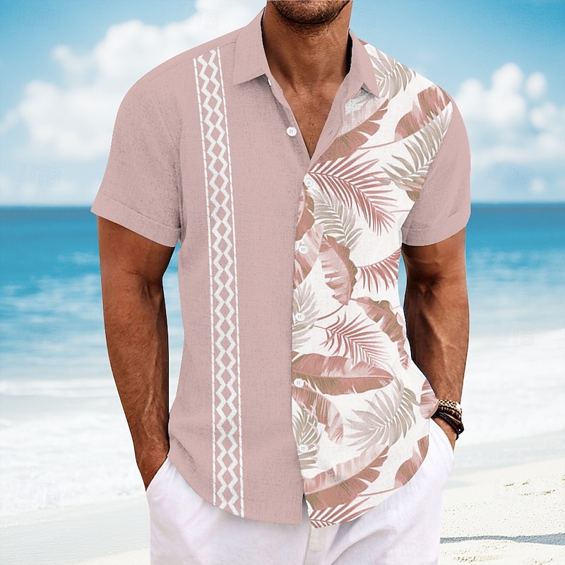 Men's Geometric Palm Leaf Tropical Plants Shirt Guayabera Shirt Summer Hawaiian Shirt Short Sleeve Hawaiian Vacation Dailywear Beach Wear Summer Spring Turndown Button Up Collared Shirts Pink Blue3