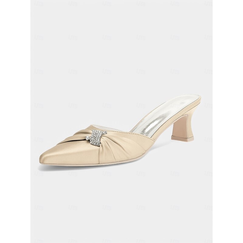 Women's Gold Satin Bow-Embellished Kitten Heel Mules – Elegant Pointed-Toe Slip-On Shoes for Evening & Date Night4