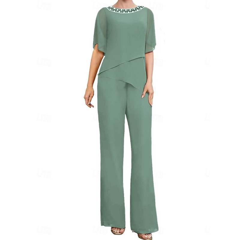 Pantsuit Mother of the Bride Dress Wedding Guest Elegant Simple Square Neck Floor Length Polyester Short Sleeve with Solid Color2
