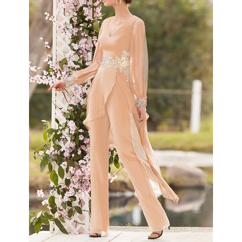 Jumpsuit Mother of the Bride  Formal Wedding Guest Elegant V Neck Floor Length Chiffon Lace Long Sleeve with Appliques4