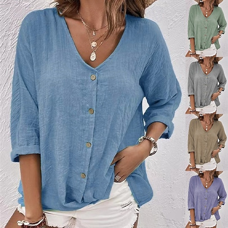 Women's Shirt Cotton Linen Shirts Button Up Blouse Plain Basic Modern Long Sleeve V Neck Regular Tops Daily Holiday Buttons Pink Blue Purple Green Khaki Summer
