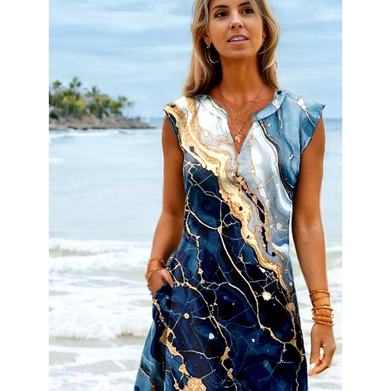 Women's Maxi Dress Sundress Shift Dress Vacation Casual Beach Party Beach Regular Fit Ombre Graphic Abstract Sleeveless V Neck Azure Summer Spring2