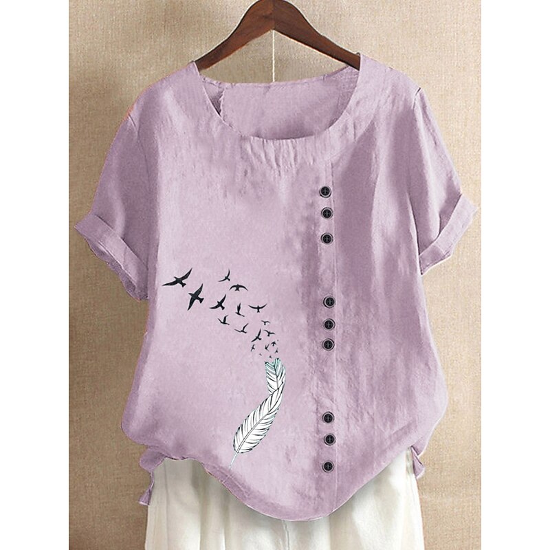 Women's 100% Cotton Blouse Graphic Animal Vintage Casual Short Sleeve Crew Neck Regular Tops Daily Going out Buttons Print White Light Green Pink Blue Purple Summer Spring2