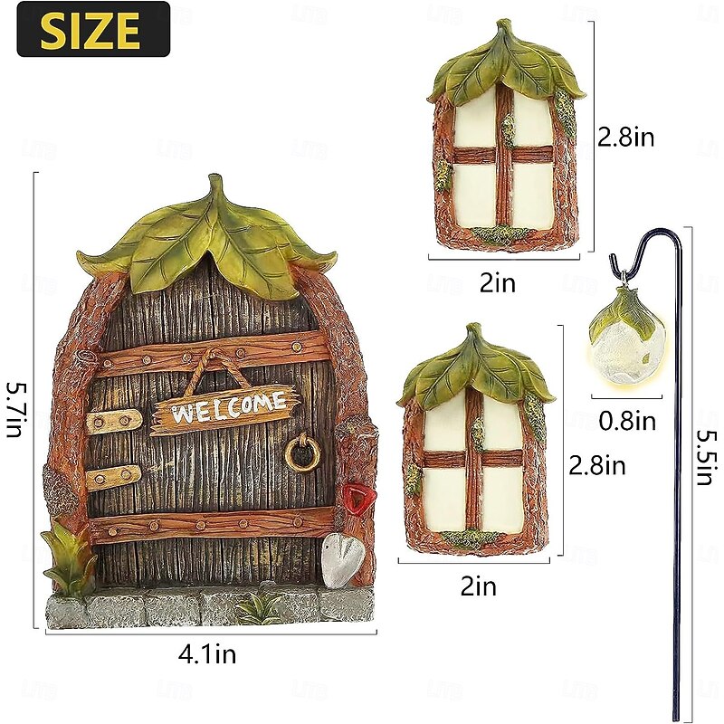 Fairy Door and Windows for Trees 4 PCS, Glow in The Dark Yard Art Sculpture Decoration for Kids Room, Wall and Trees Outdoor, Miniature Fairy Garden Outdoor Decor Accessories2