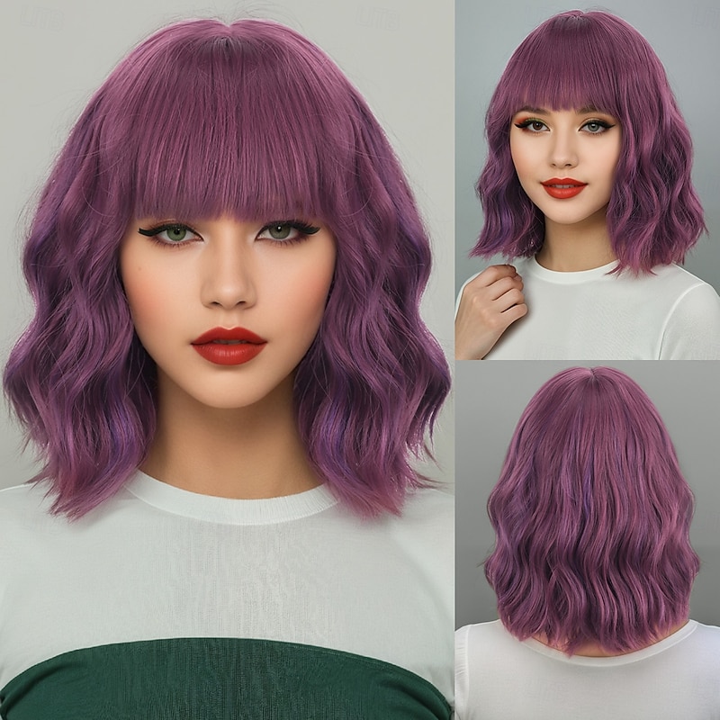 Synthetic Wig Wavy Curly Weave Asymmetrical Neat Bang Machine Made Wig 14 inch A1 Synthetic Hair Women's Classic Comfortable Color Gradient Multi-color