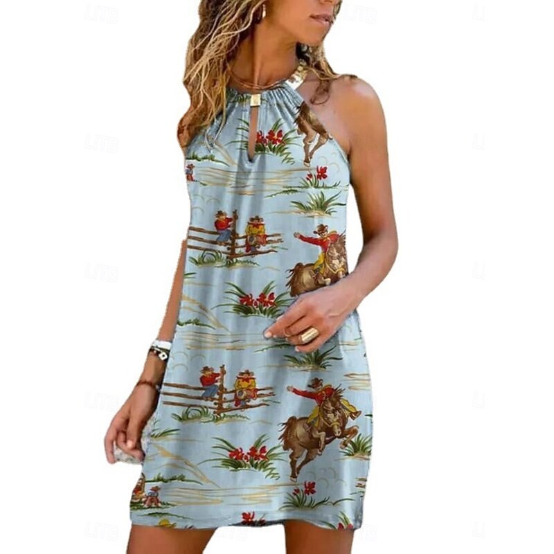 Women's Mini Dress Summer Dress Halter Dress Casual Boho Daily Regular Fit Graphic Sleeveless Crew Neck Blue Summer3