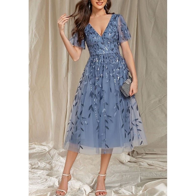 A-Line Mother of the Bride Dress Wedding Guest Elegant V Neck Tea Length Lace Short Sleeve with Lace Midi Dress4