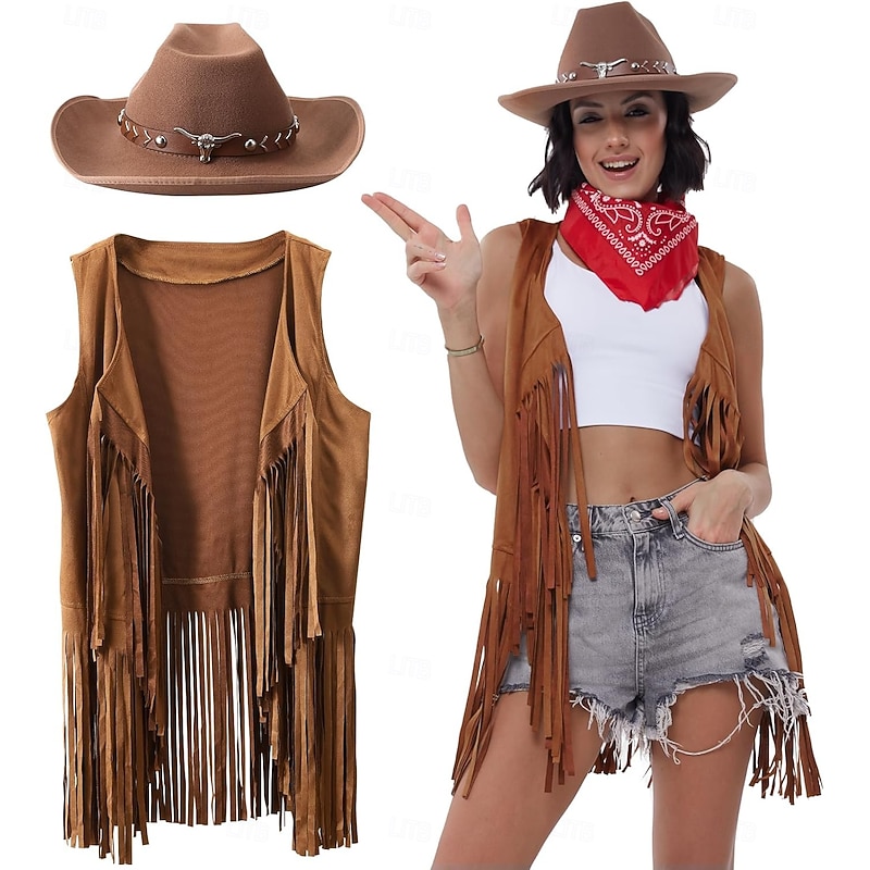 Western Outfits for Women Cowgirl Tassel Sleeveless Vest Cowboy Hat and Paisley Bandana