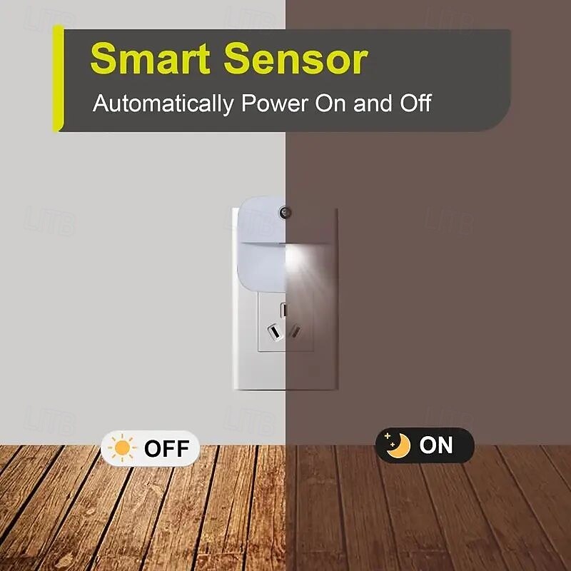 6 Pcs LED Night Light Plug Into Wall with Dusk-to-Dawn Sensors Automatically Turn On And Off Night Lamp Bedrooms Bathroom Stairs Hallways Kitchens Lighting4