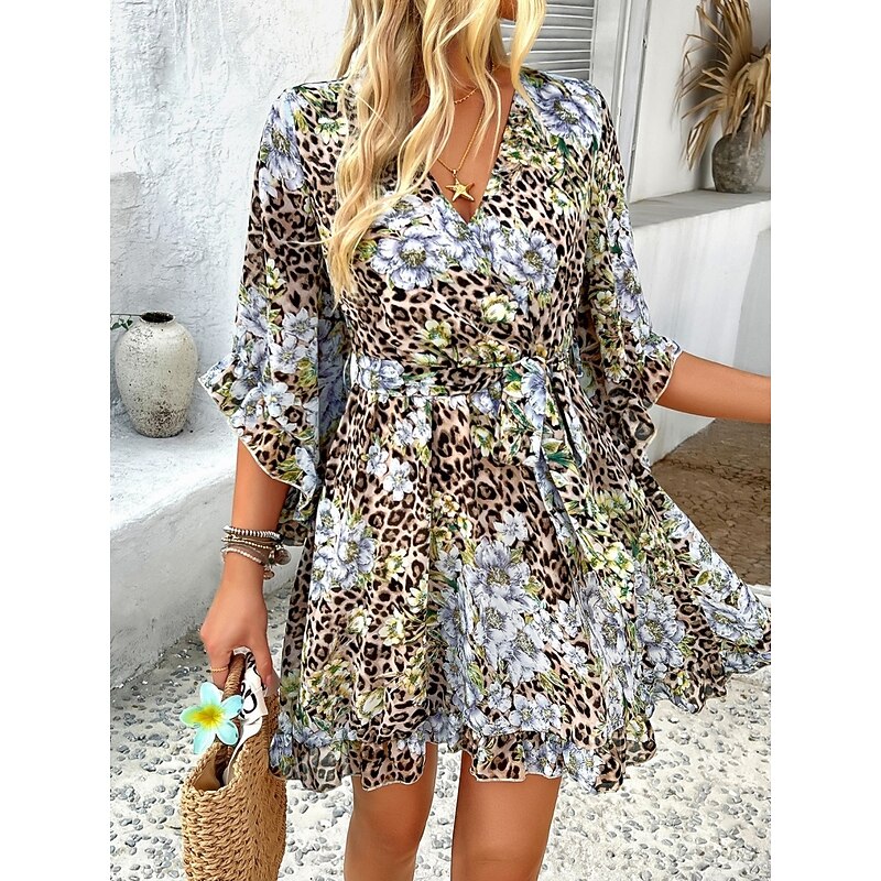 Women's Mini Dress Petite Dress Casual Dress Floral Dress Summer Dress Slip Dress Fashion Modern Daily Beach Weekend Regular Fit Floral 3/4 Length Sleeve V Neck Leopard White Pink Blue Summer2