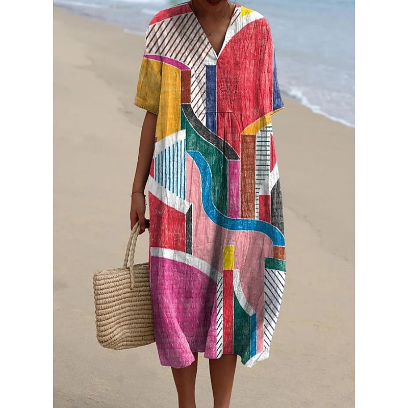 Women's Midi Dress Sundress A Line Dress Linen Vacation Casual Beach Going out Loose Fit Graphic Geometric Short Sleeve V Neck Pink Blue Khaki Summer3