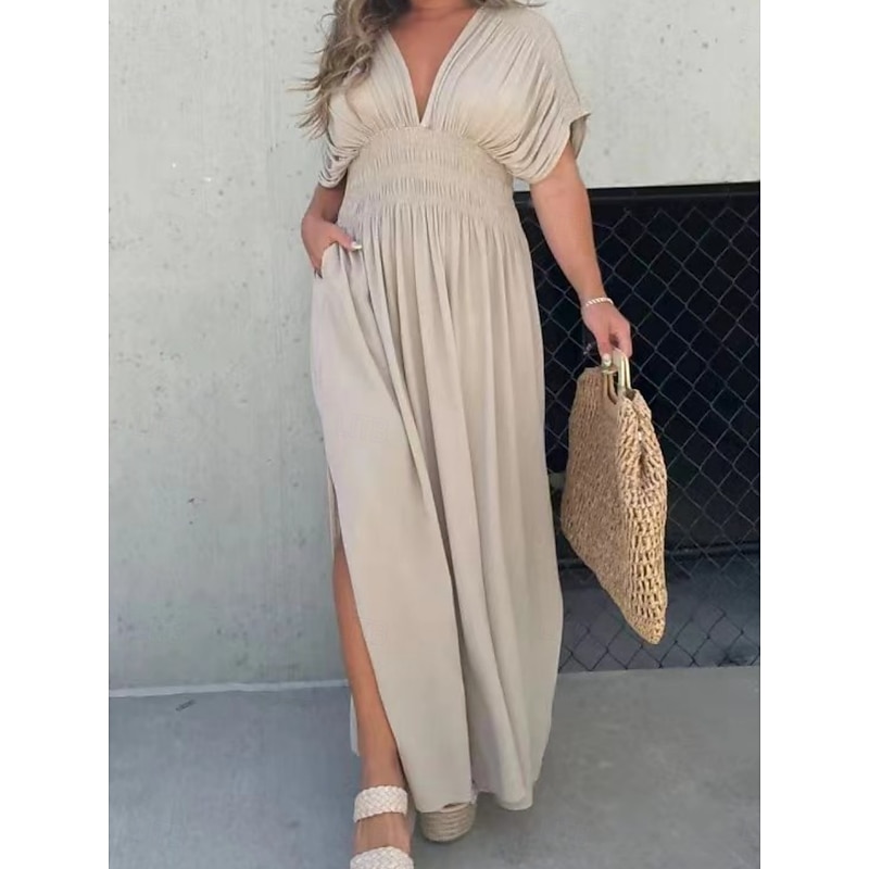 Women's Long Dress Maxi Dress White Dress Casual Dress Swing Dress Summer Dress Fashion Modern Daily Holiday Beach Regular Fit Plain Short Sleeve V Neck Burgundy Navy Blue Brown Apricot Summer