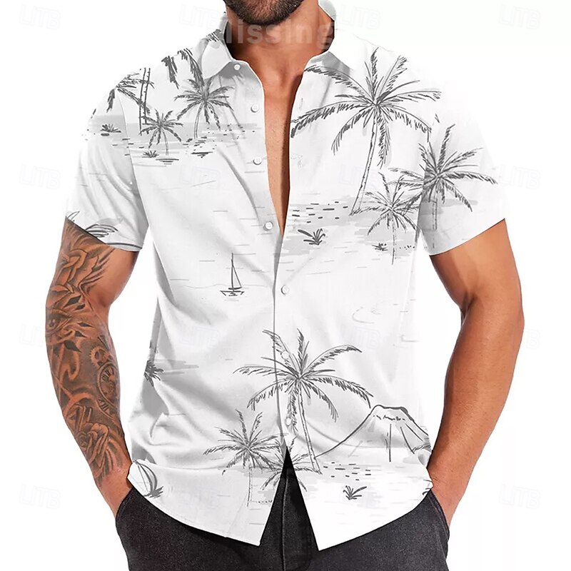 Men's Coconut Tree Tropical Plants Shirt Summer Hawaiian Shirt Button Up Shirt Short Sleeve Hawaiian Resort Vacation Holiday Beach Wear Summer Spring Turndown 3D Print Collared Shirts Black White Blue