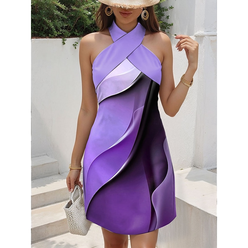 Women's Mini Dress T Shirt Dress Tee Dress Sundress A Line Dress Vacation Casual Going out Regular Fit Ombre Graphic Geometric Sleeveless Halter Neck Pink Blue Purple Green Summer
