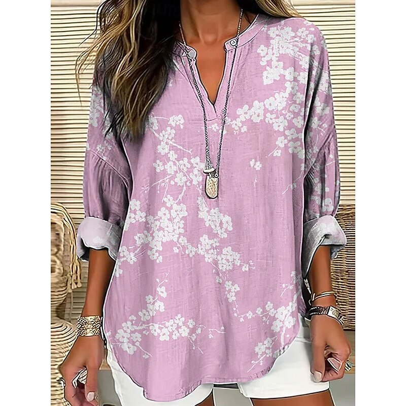 Women's Blouse Tunic V Neck Long Sleeve Boho Casual Tops Floral Graphic Vintage Tropical Regular Tops Daily Wear Print Pink Navy Blue Blue Green Khaki4