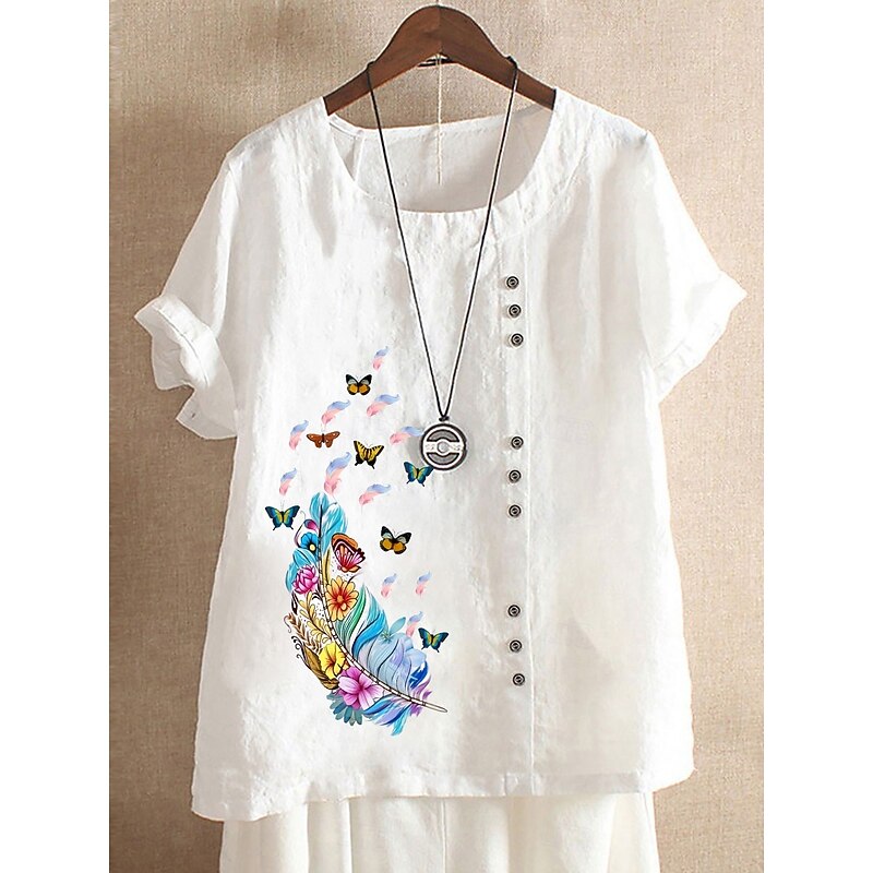 Women's 100% Cotton Blouse Graphic Butterfly Vintage Casual Short Sleeve Crew Neck Regular Tops Daily Going out Buttons Print Maroon White Pink Purple Summer Spring2