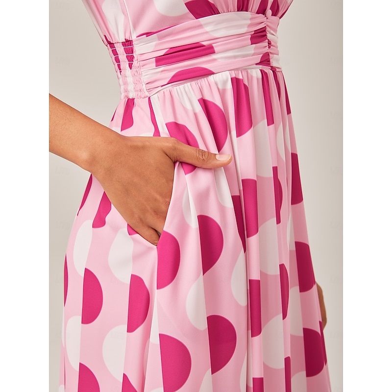 Pink Polka Dot Geometric Print Cinched Waist Dress3