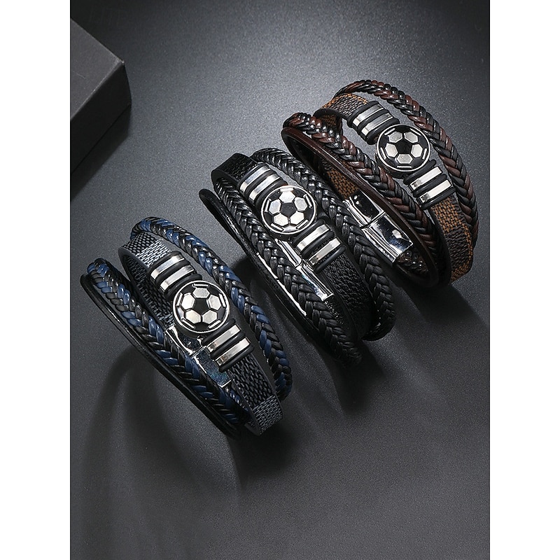 Men's Soccer Bracelet – Black Faux Leather Braided Wrap Bracelet with Football Charm, Sports-Inspired Jewelry for Casual Wear & Gifts4