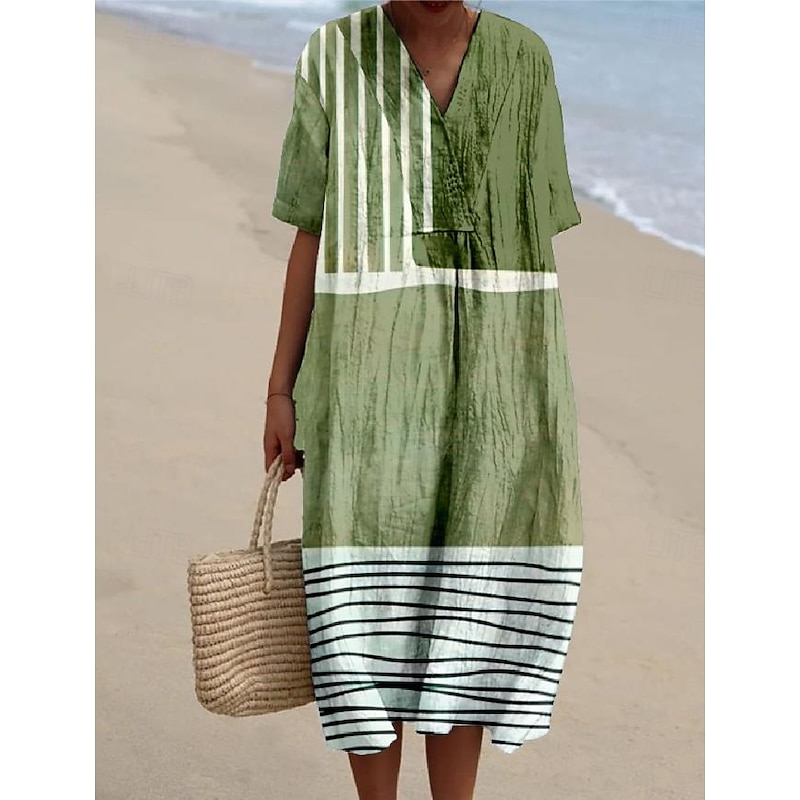 Women's Midi Dress Sundress Vacation Casual Beach Daily Going out Loose Fit Graphic Geometric Short Sleeve V Neck Blue Purple Orange Green Summer4