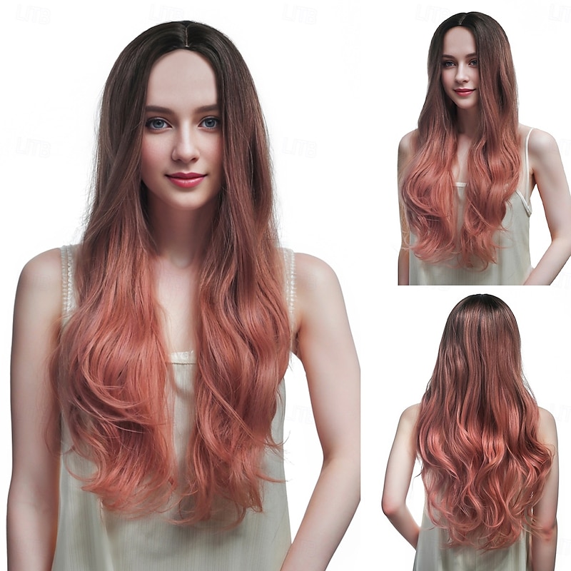 Synthetic Wig Wavy Deep Wave Asymmetrical Deep Parting Machine Made Wig 28 inch A1 Synthetic Hair Women's Middle Part Elastic Comfortable Pink