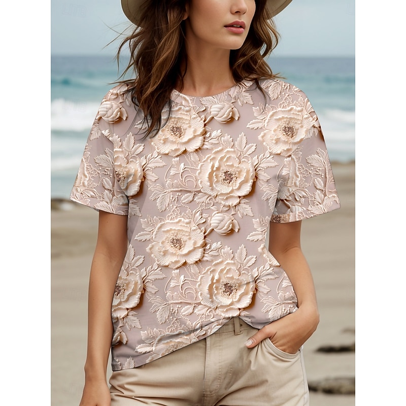 Women's T Shirt Floral Graphic Stylish Casual Short Sleeve Round Neck Regular Tops Daily Weekend Print Dusty Rose Summer Spring