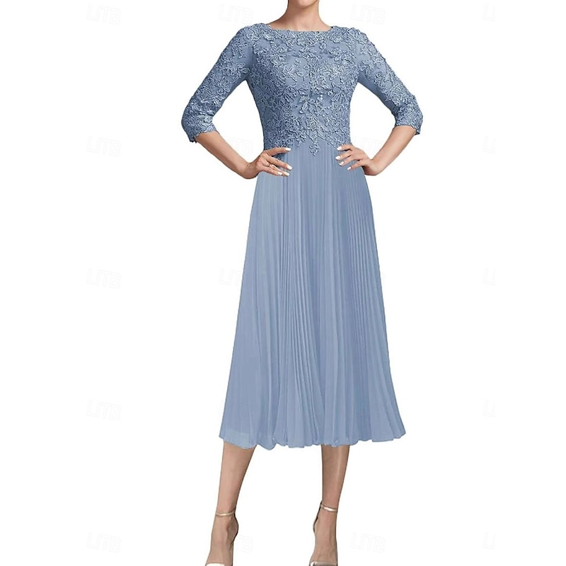 Dress Mother of the Bride Dress Elegant Vintage Simple Crew Neck Tea Length Polyester 3/4 Length Sleeve with Lace Solid Color3