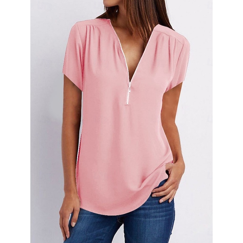 Women's T Shirt Solid Color Plain Fashion Modern Casual Short Sleeve V Neck Regular Tops Daily Weekend Zipper Black White Pink Wine Royal Blue Summer
