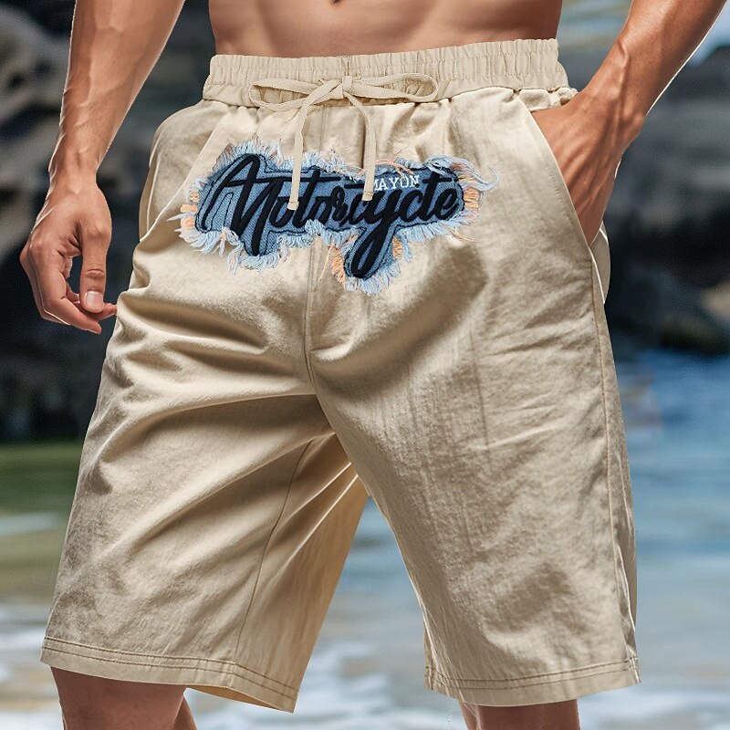 Men's Shorts Linen Shorts Summer Shorts Beach Shorts Embroidered Drawstring Elastic Waist Plain Comfort Breathable Knee Length Outdoor Daily Beach Fashion Hip-Hop Black White2
