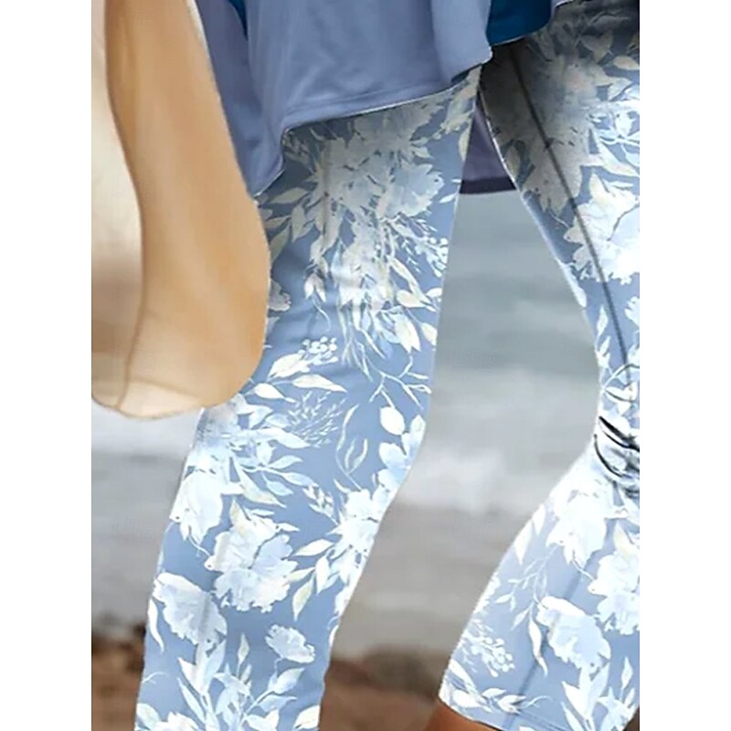Women's Leggings Capri Pants High Elasticity Vacation Hawaiian Calf-Length Mid Waist Floral Graphic Printing Breathable Soft  Vacation Casual Holiday Light Blue Summer Spring Regular Fit2