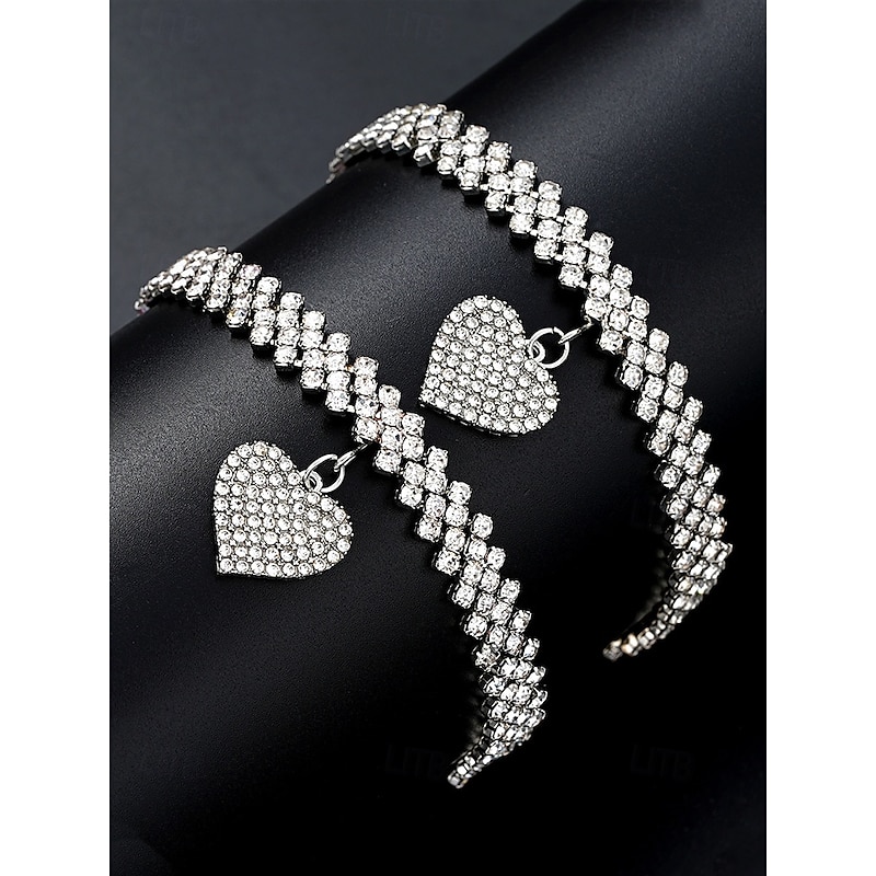 Women's Rhinestone Heart Charm Anklet and Bracelet Set – Sparkly Jewelry for Weddings, Parties and Special Occasions4