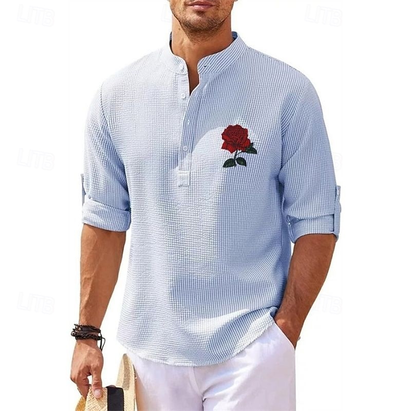 Men's Popover Shirt Summer Shirt Casual Shirt Beach Shirt Waffle Knit Shirt Black White Blue Sky Blue Dark Gray Long Sleeve Rose Classic Stand Collar Henley Vacation Hawaiian Buckle Clothing Apparel4