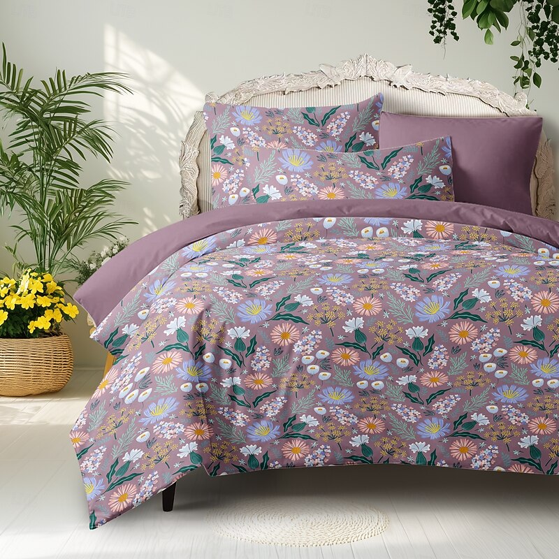 Floral Duvet Cover Full Size Bedding Set Cotton Bed Sets Quilt Cover Soft Lightweight Comforter Cover with 2 Pillowcases for Summer Spring Violet Purple