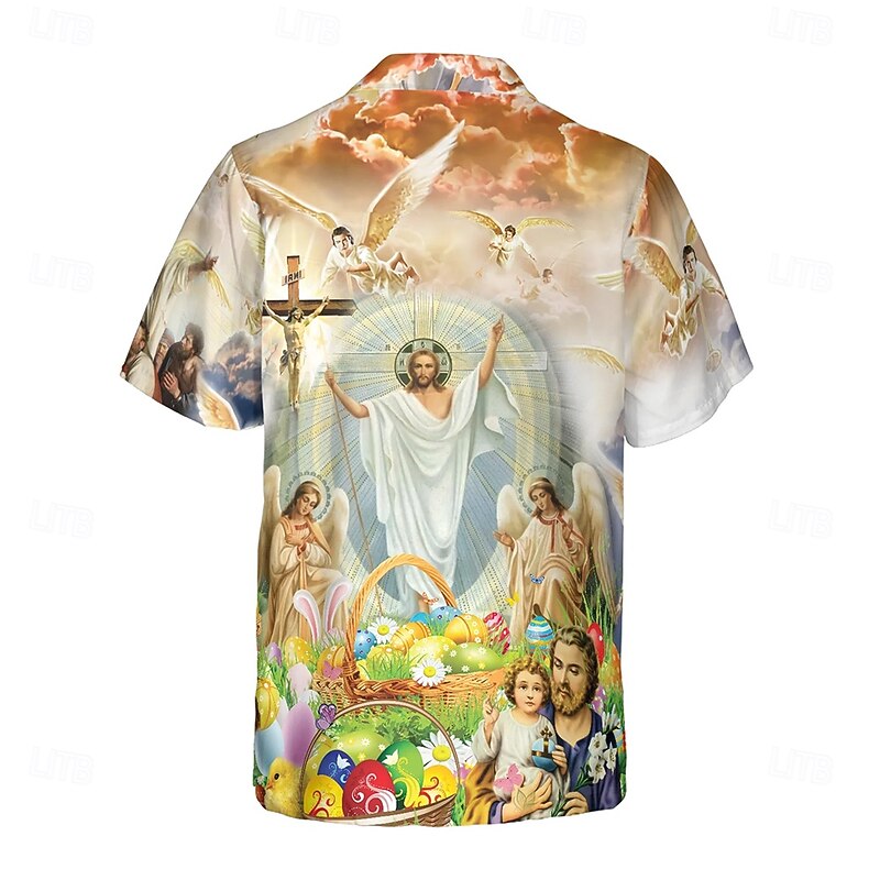 Easter Men's Chick Jesus Easter Egg Shirt Cuban Collar Shirt Button Up Shirt Short Sleeve Vintage Retro Vacation Holiday Festival Summer Spring Camp Collar Shirt 3D Print Khaki2
