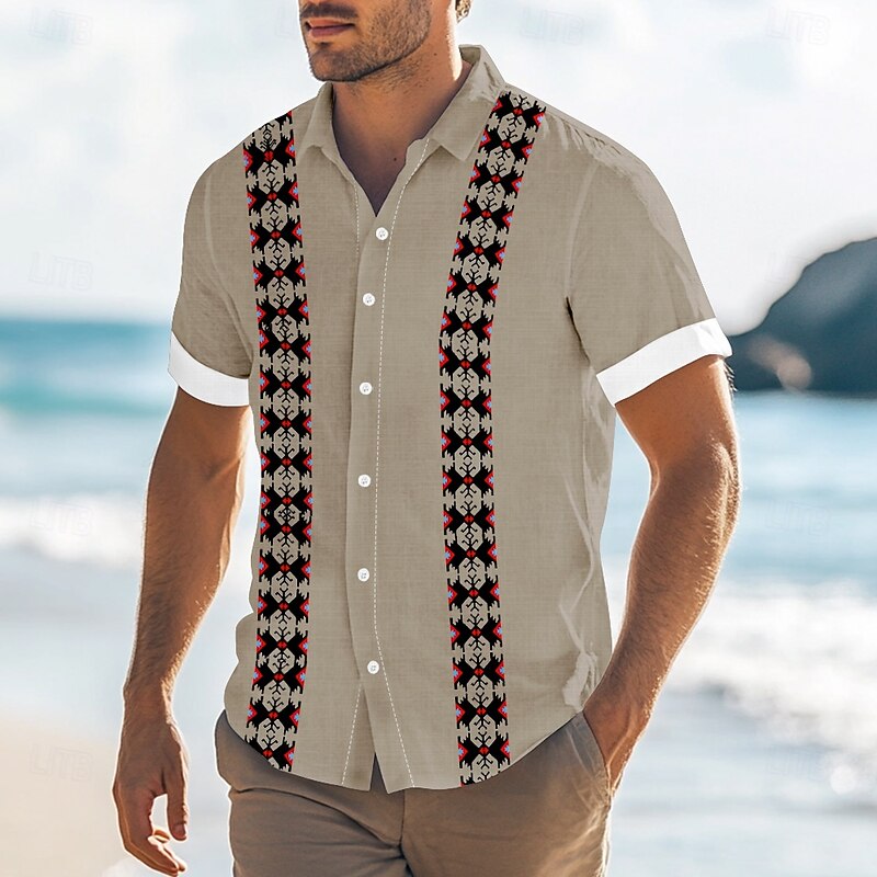 Men's Geometric Ethnic Shirt Guayabera Shirt Button Up Shirt Short Sleeve Fashion Casual Vacation Dailywear Beach Wear Summer Spring Turndown Collared Shirts Dark Khaki White Blue3