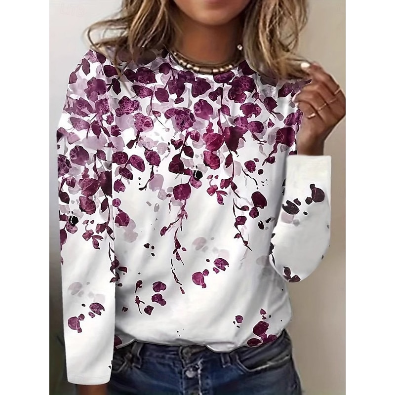 Women's T Shirt Floral Fashion Modern Long Sleeve Crew Neck Regular Tops Daily Print Purple Summer - Main Image