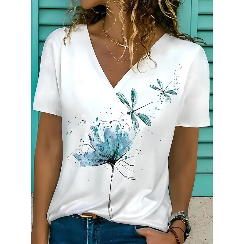Women's T Shirt Floral Graphic Casual Short Sleeve V Neck Regular Tops Daily Print White Light Green Summer Spring