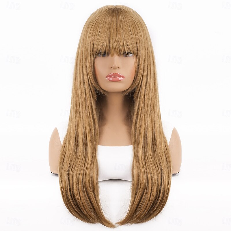 Synthetic Wig Bouncy Curl kinky Straight Layered Haircut With Bangs Machine Made Wig 24 inch A1 A2 Synthetic Hair Women's Classic Comfortable Color Gradient Ombre Brown2