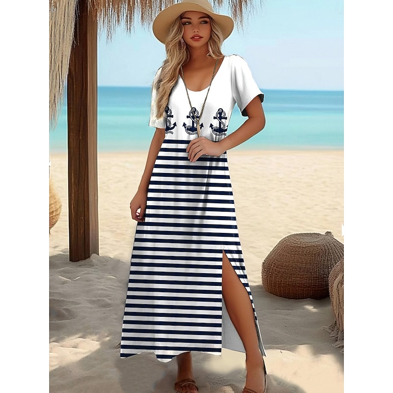 Women's Maxi Dress T Shirt Dress Tee Dress Sundress Shift Dress Summer Dress Vacation Tropical Stylish Vacation Party Holiday Regular Fit Geometric Stripe Short Sleeve Crew Neck White Dark