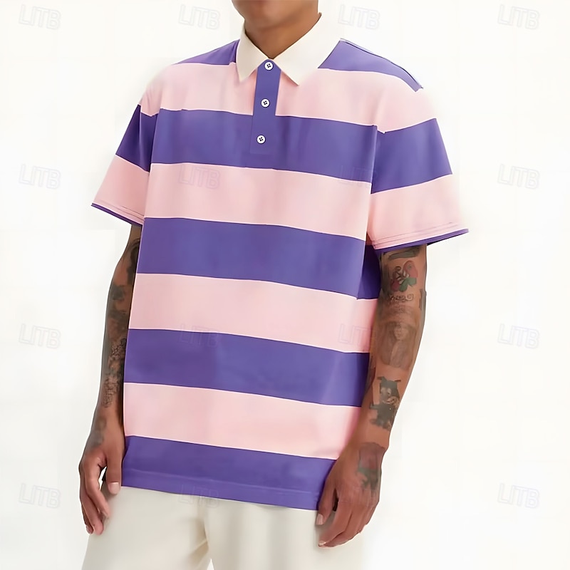 Men's Horizontal Stripes Rugby Polo Short Sleeve Polo Shirts Collared Shirts Casual School Outdoor Athleisure Daily Wear Buttons 3D Print Summer Pink Blue Purple4