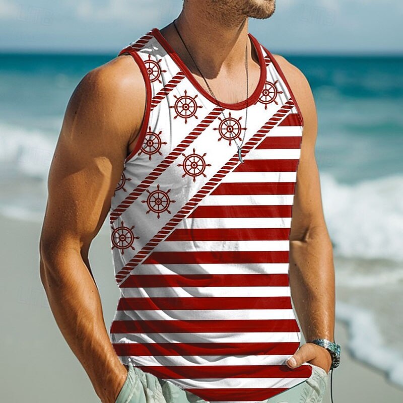Men's Plaid Rudder T Shirt Vest Top Sleeveless T shirt 3D Print Crew Neck Shirt Vacation Casual Hawaiian Holiday Red Blue Summer Spring Clothing Apparel S M L XL XXL XXXL4